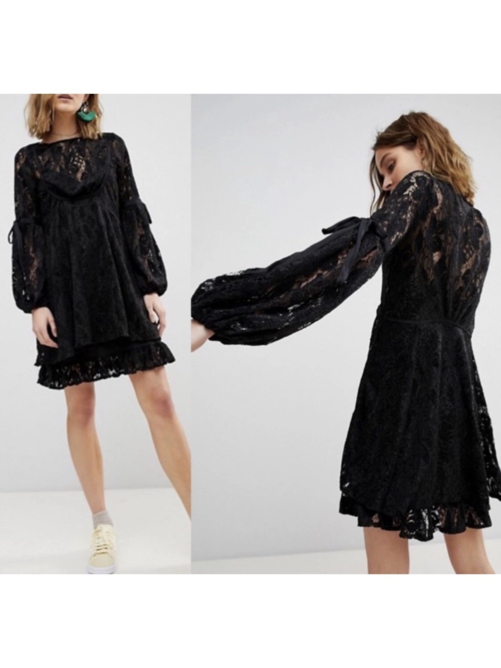 Free People Black Lace Babydoll Mini Dress with Lantern Sleeves XL